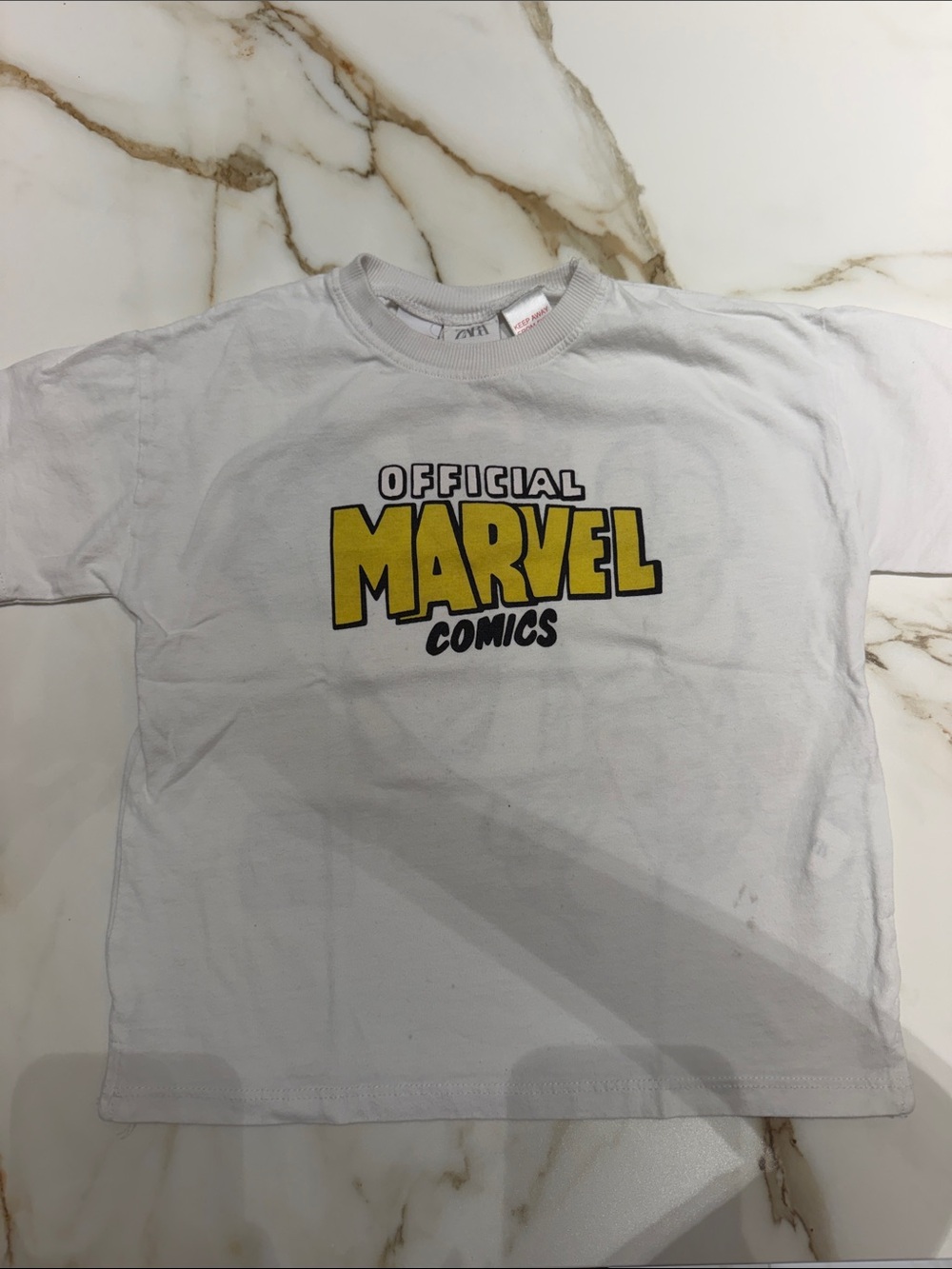 Marvel White Kids Tee with Yellow Logo 5yr